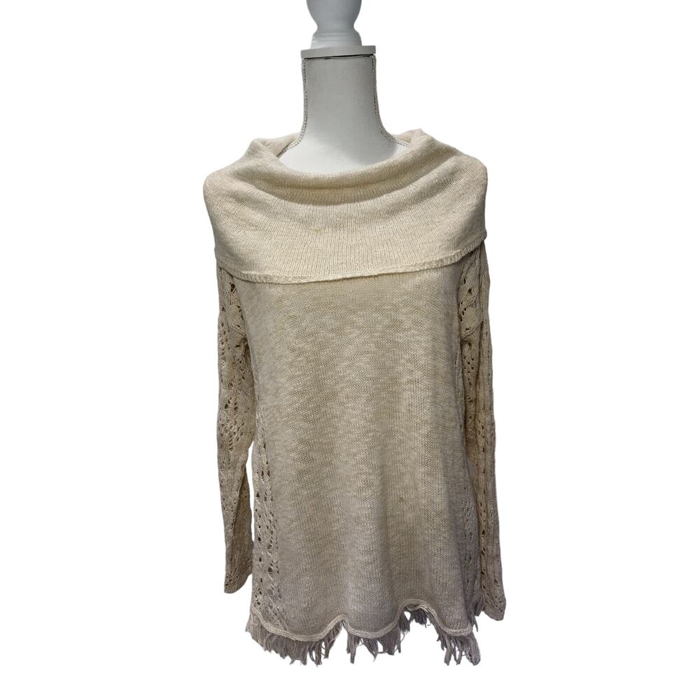 Womens Crochet Sweater Cowl Neck Long Sleeve Fringe Hem Knit Cream